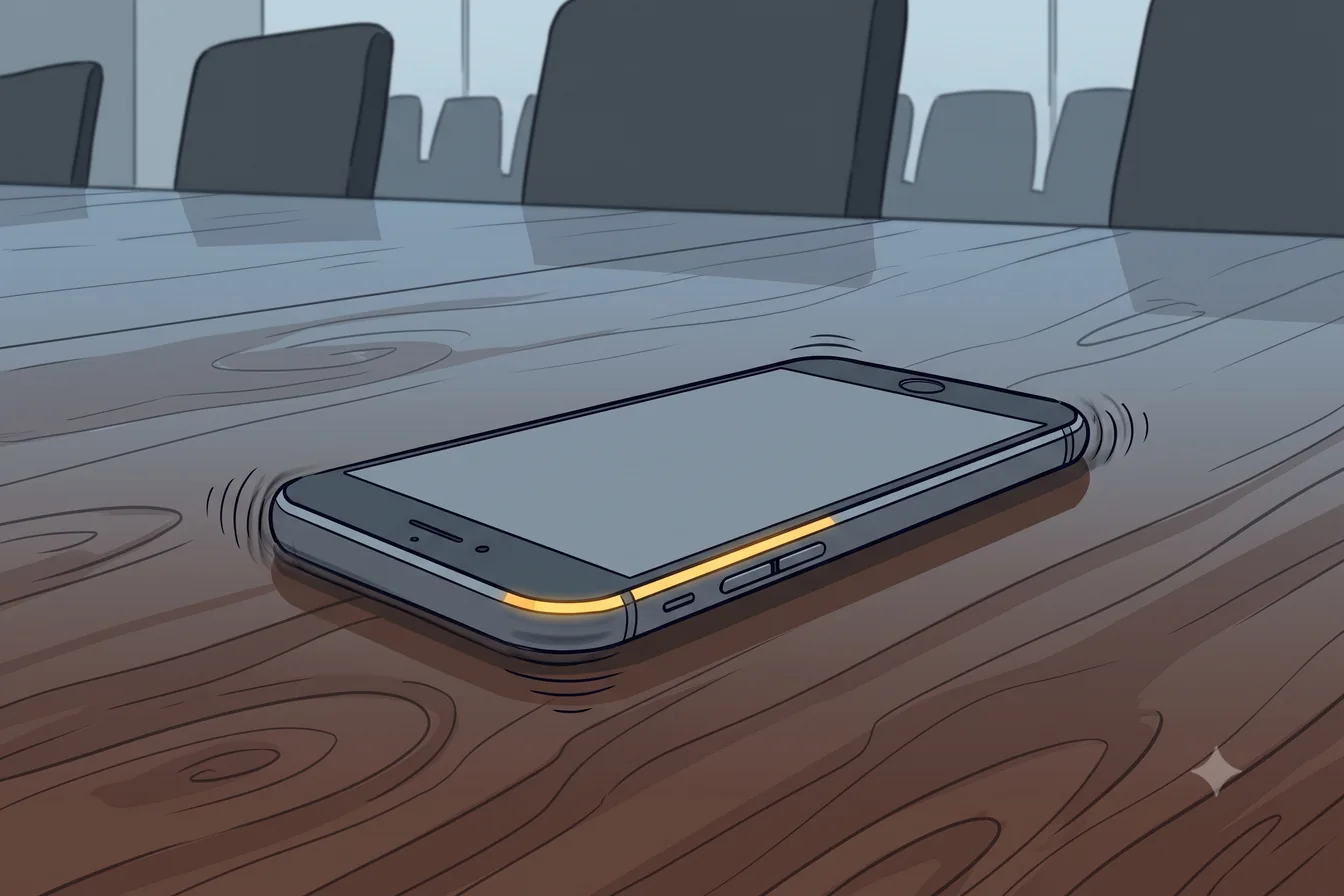 A phone lying face-down on a wooden table, its edge still glowing