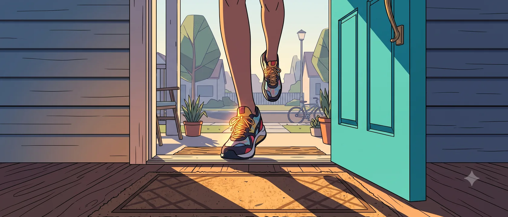 Running shoes stepping out of an open front door into low morning light