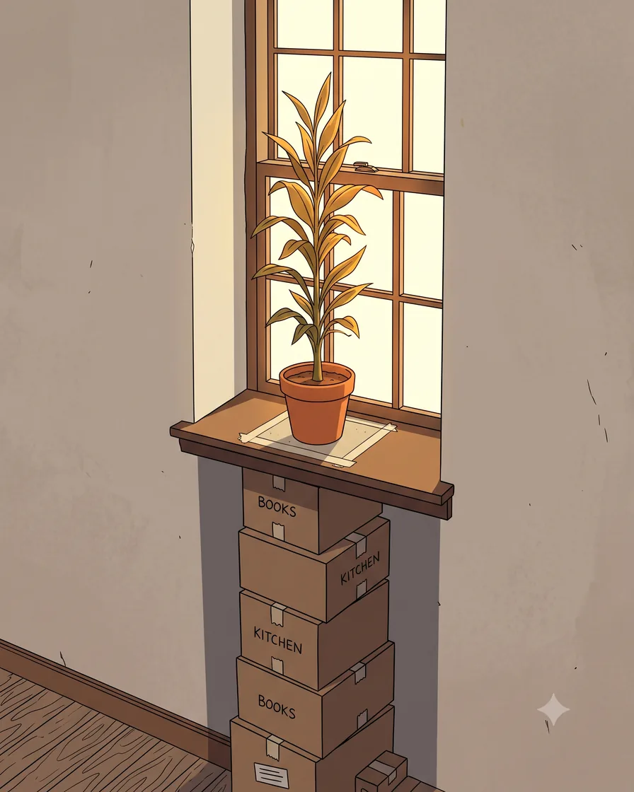 A potted seedling on a stack of boxes by a window, reaching toward the light