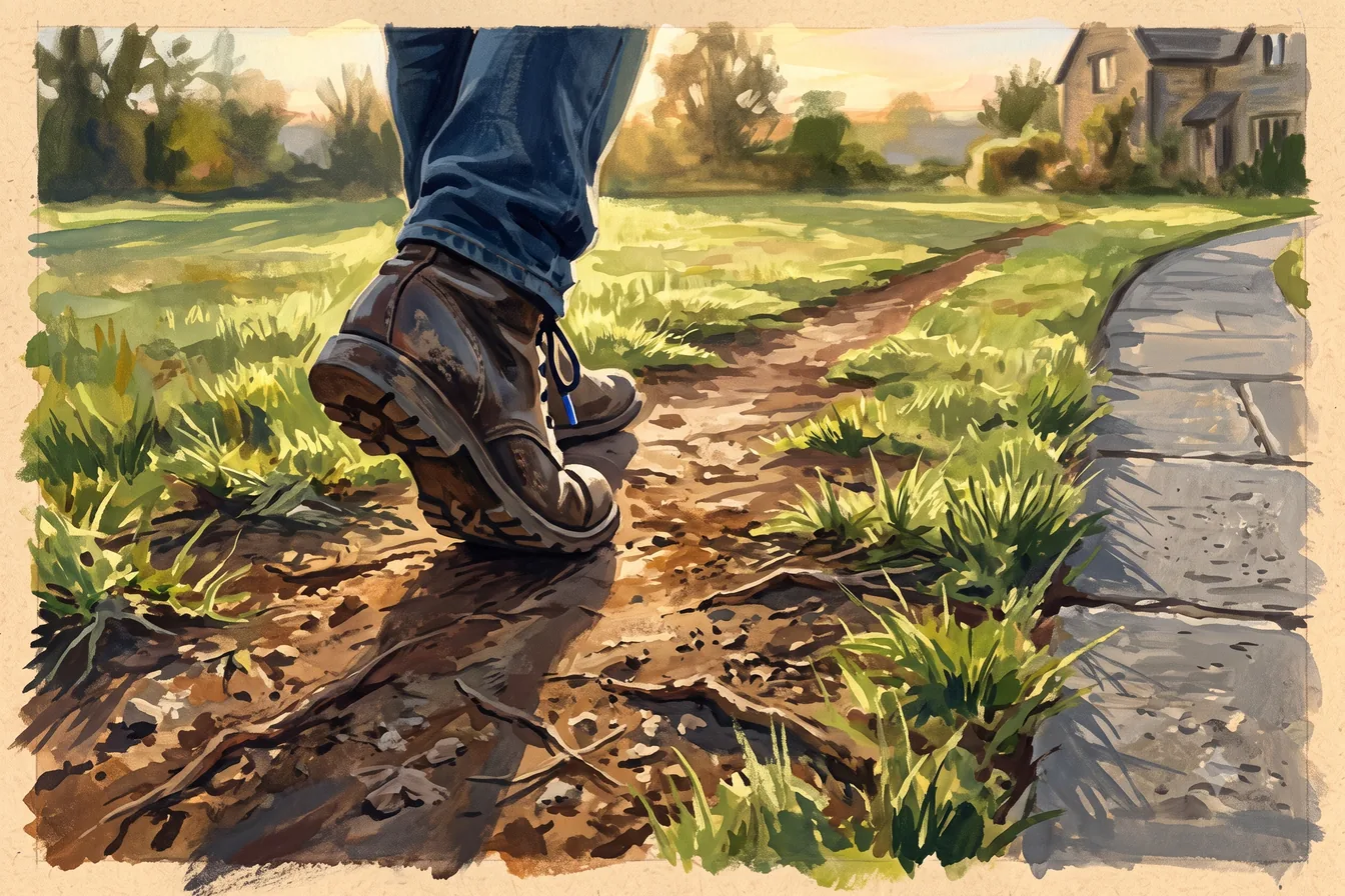 Worn boots on a dirt desire path running alongside a laid stone walk