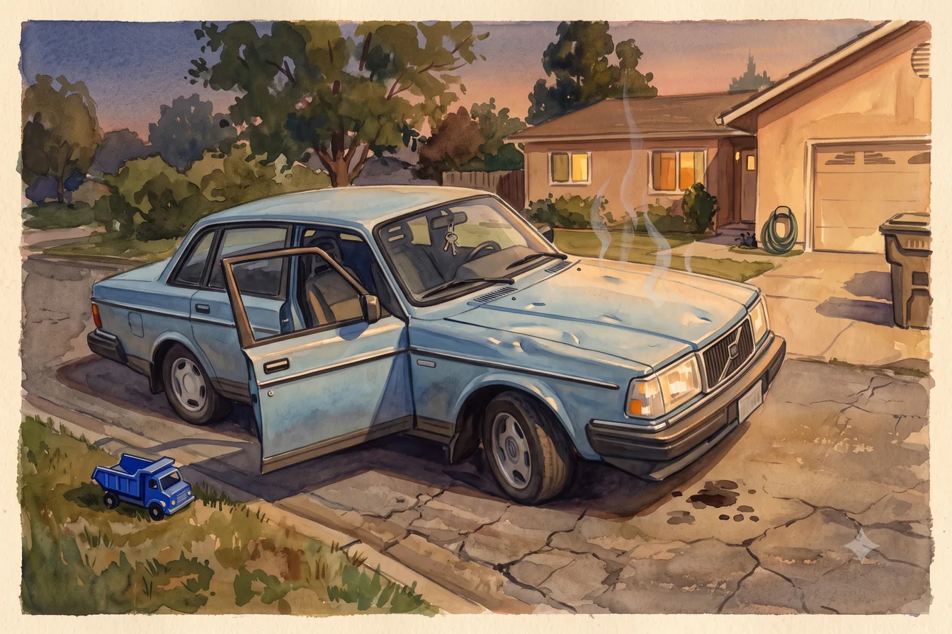 An old estate car parked on a cracked driveway at dusk, a toy left on the kerb