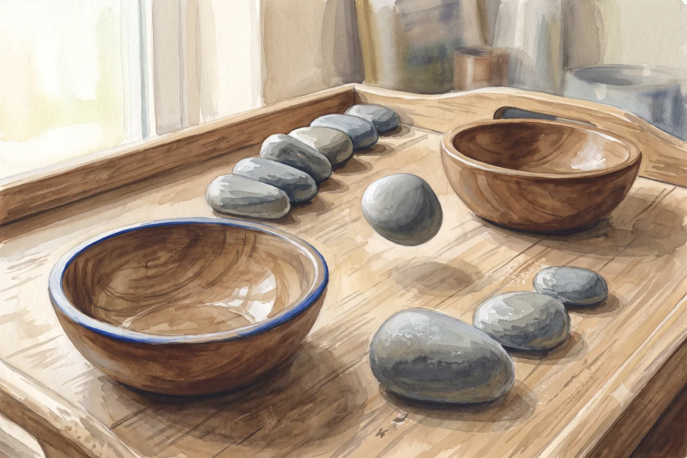 Two wooden bowls and smooth river stones arranged on a tray by a window
