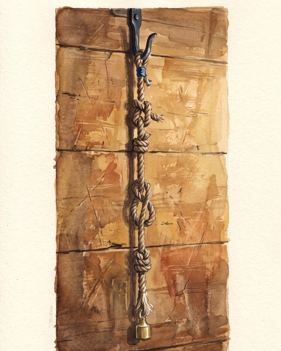 A knotted rope hanging against a plastered wall, each knot evenly spaced