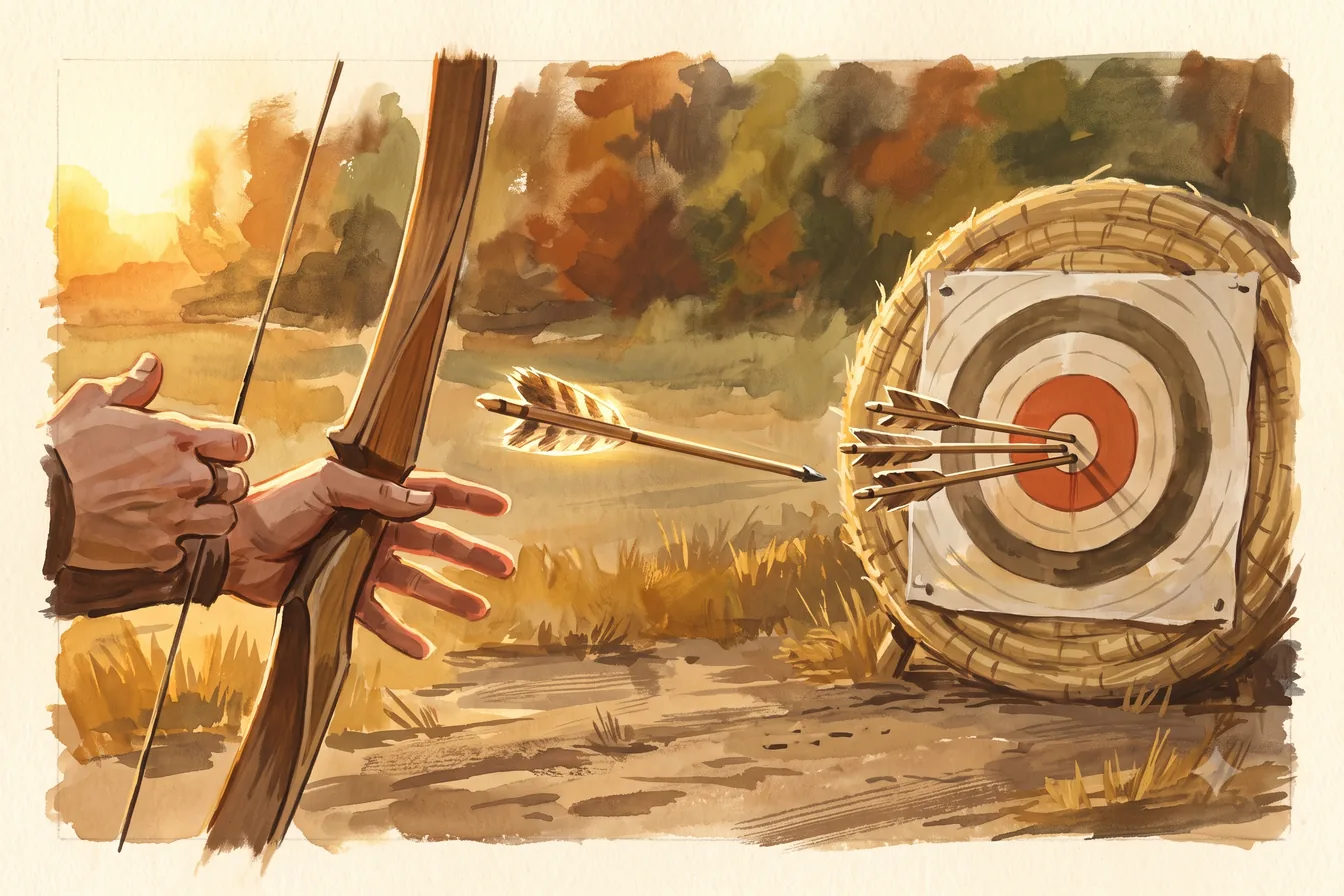 An archer drawing on a straw target in an autumn field, arrows already in the gold