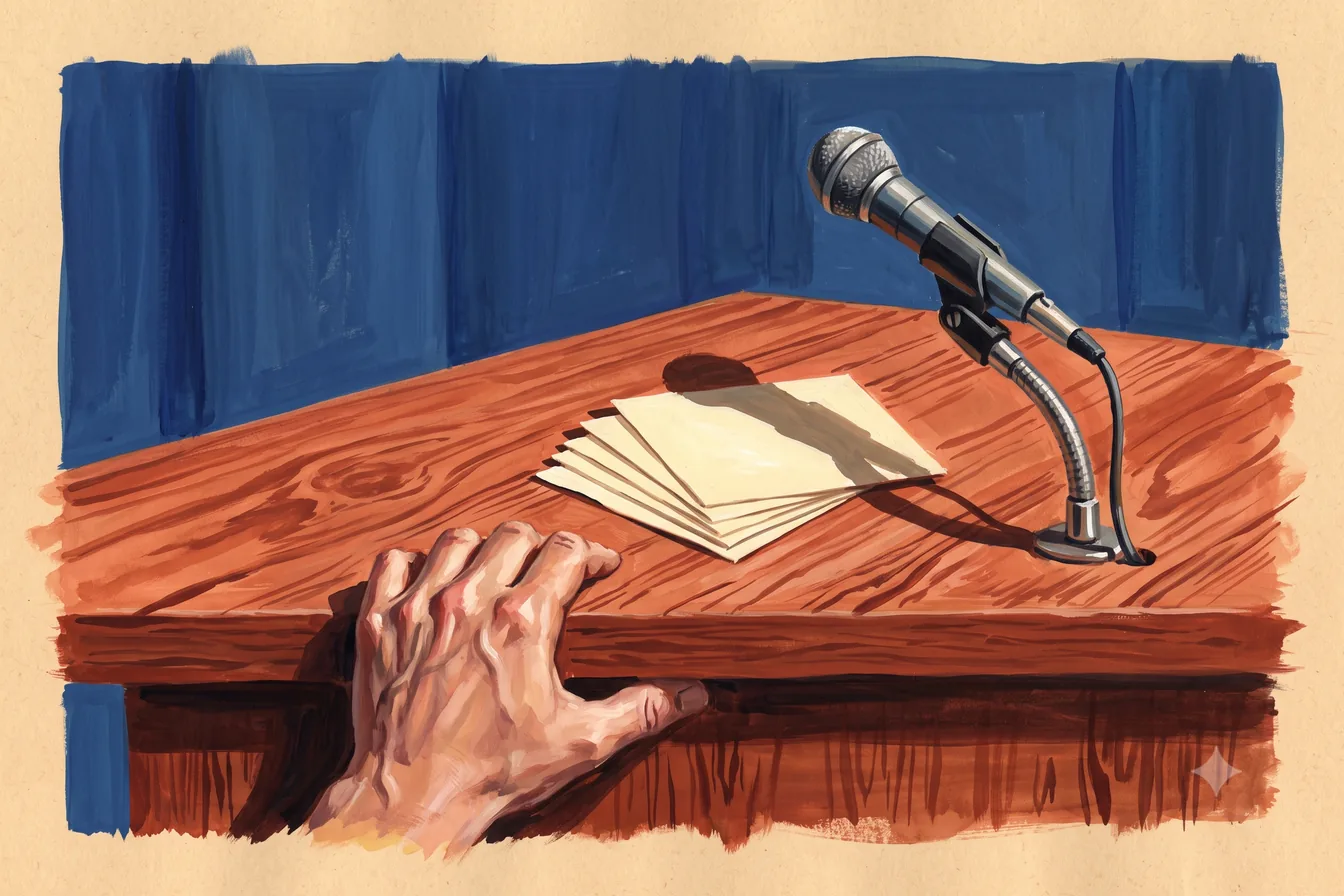 Hands resting on a lectern beside index cards and a standing microphone