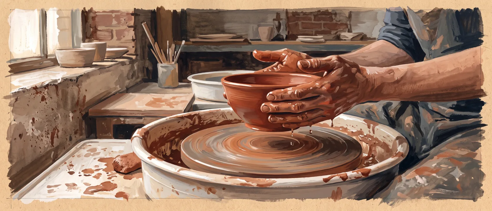 A potter's hands centring wet clay on the wheel in a working studio