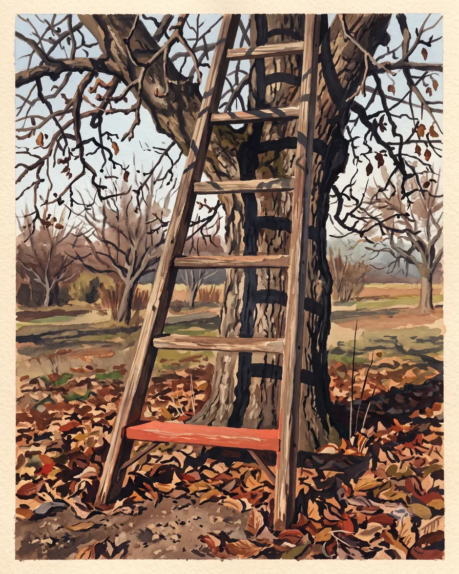 A wooden ladder leaning into a bare orchard tree over fallen leaves