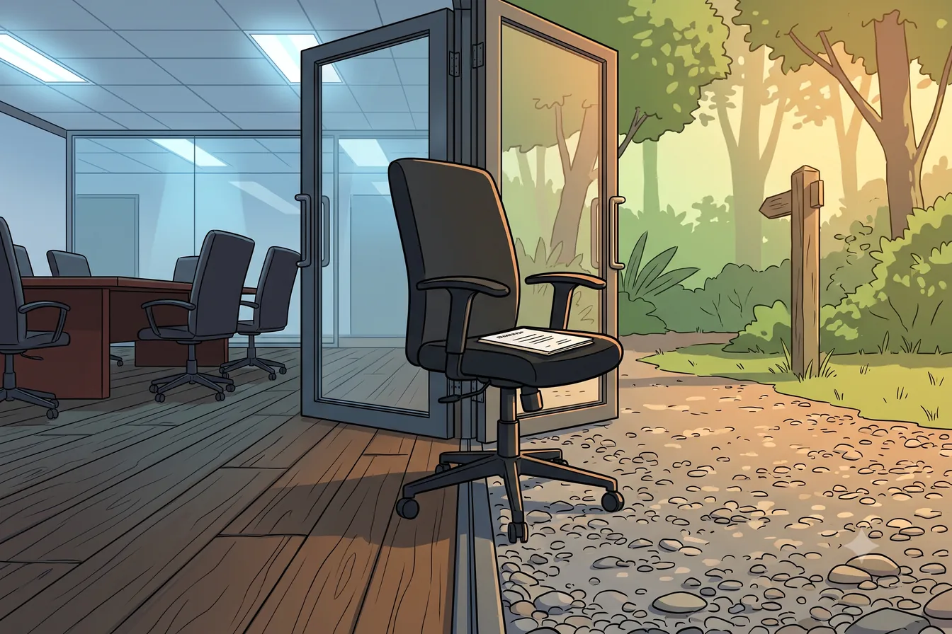 A sliding glass door held half open between a lit office and a wooded slope