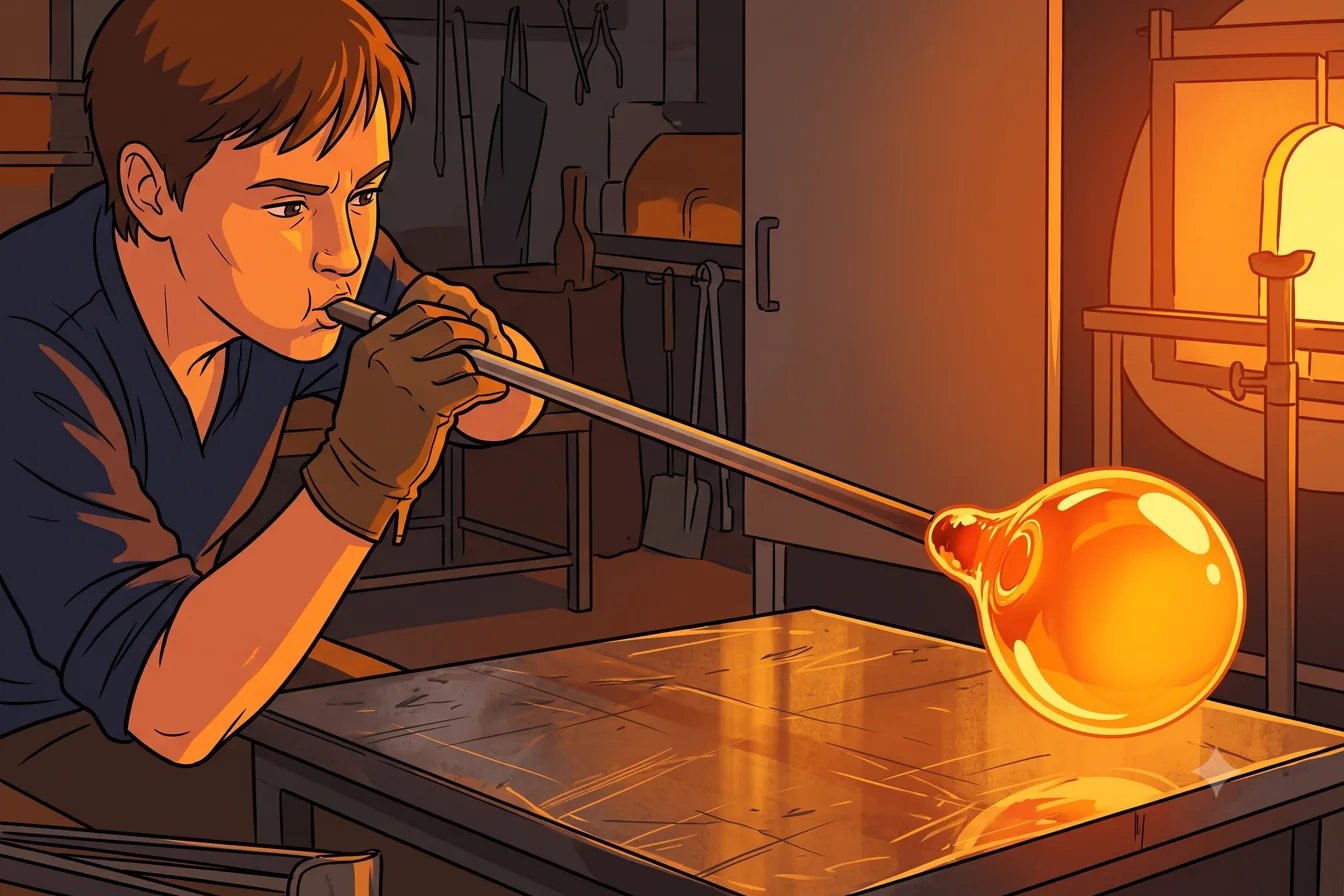 A glassblower shaping a glowing gather of molten glass on the pipe