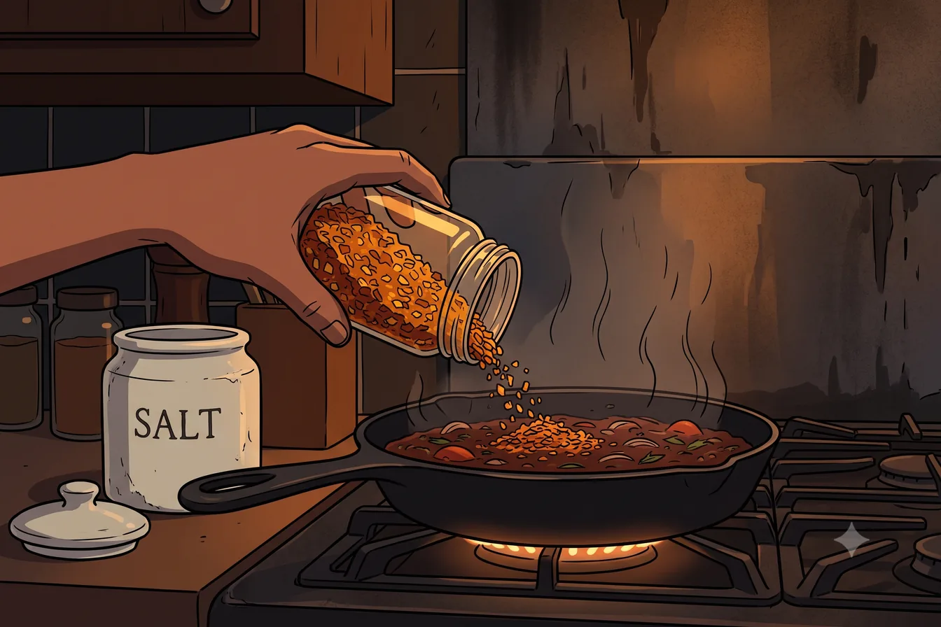A hand shaking spice into a pan on the stove, the salt jar standing ready