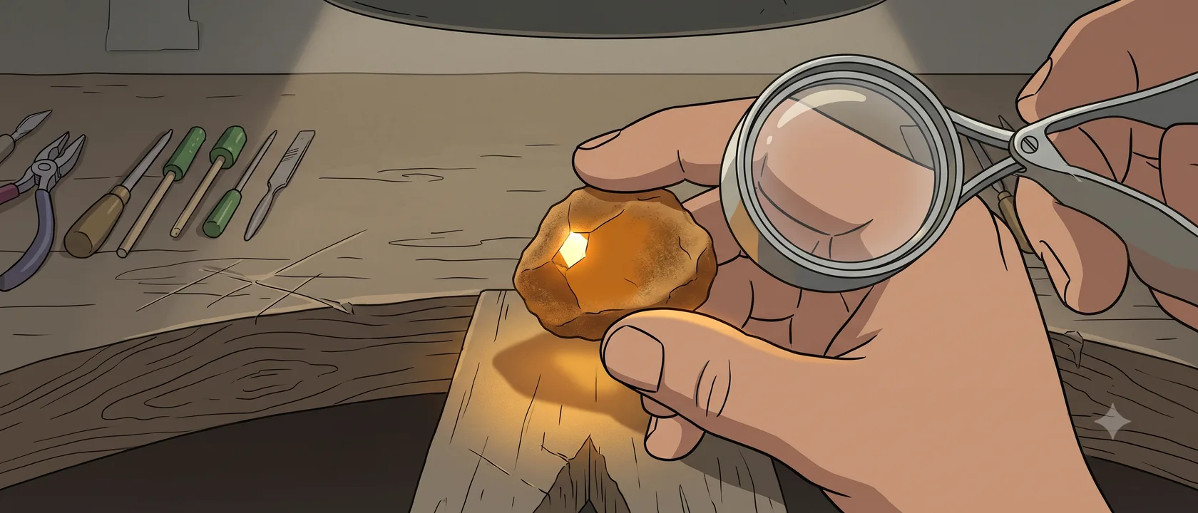 A hand holding a piece of amber up to a magnifying glass over a dark table to see what is caught inside