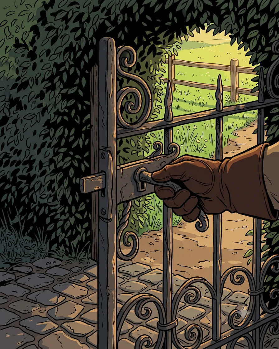 A wrought-iron gate standing open onto a green path beyond