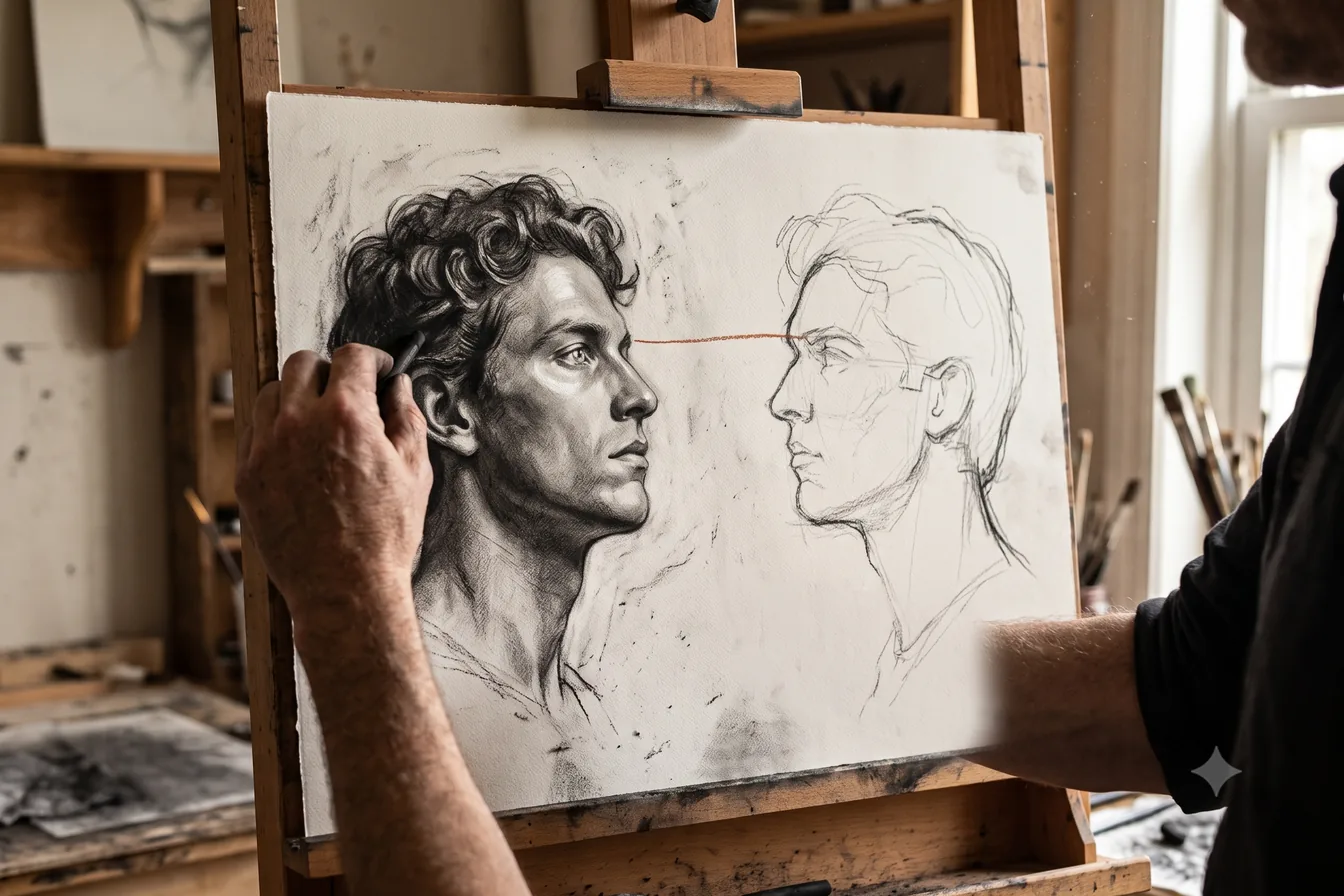 A painter at an easel working a second, unfinished face beside the first