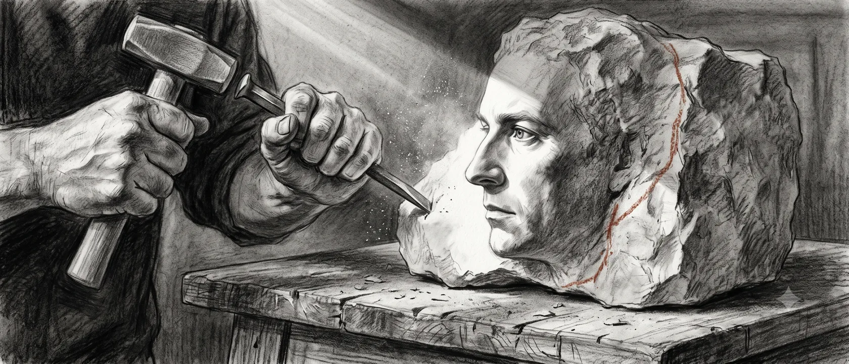 A hammer and chisel cutting a face free from a block of stone on a bench