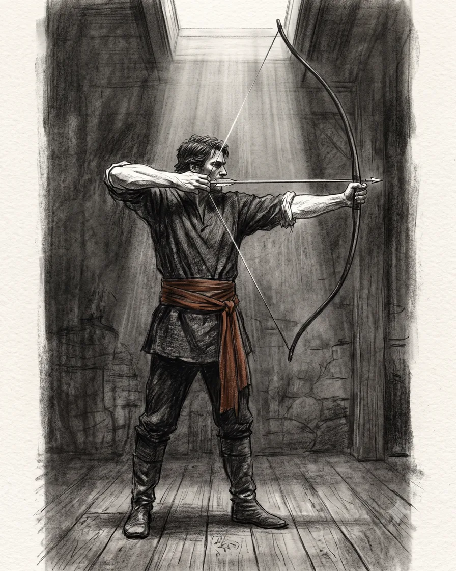 An archer at full draw in a bare room lit from a high window