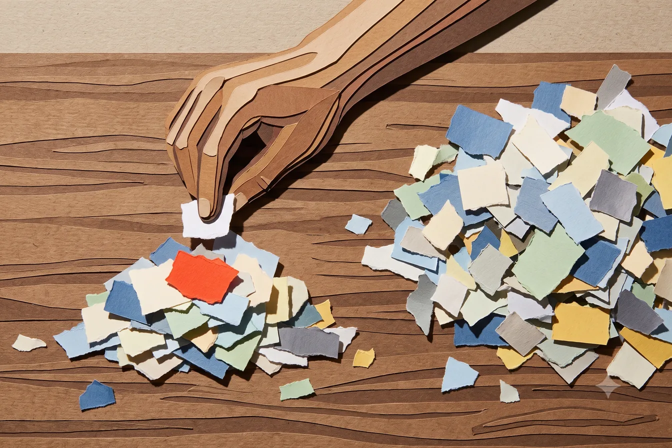 A cut-paper hand setting one red square down among scattered paper scraps