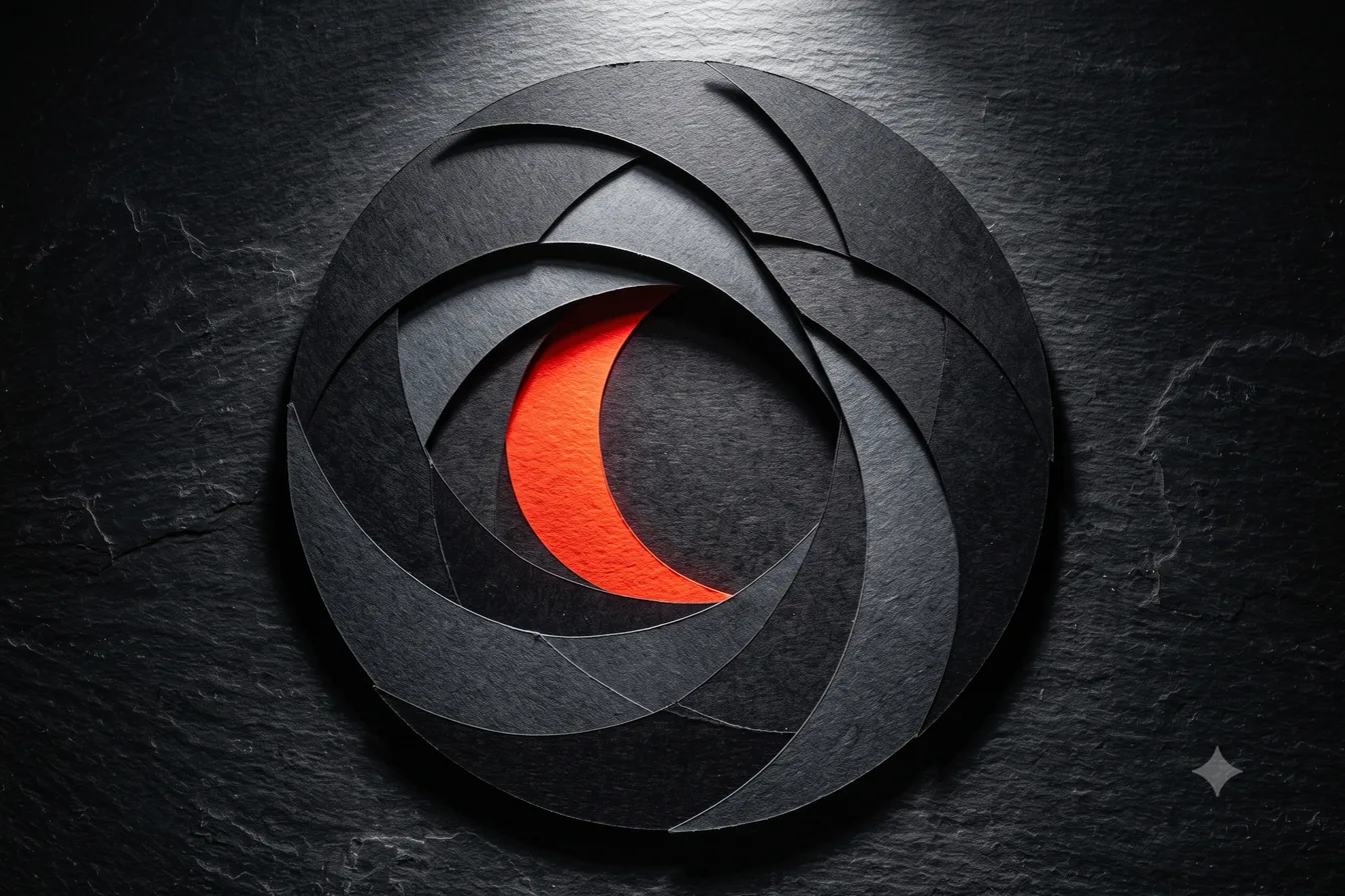Overlapping black paper blades forming an aperture with a red crescent at its centre