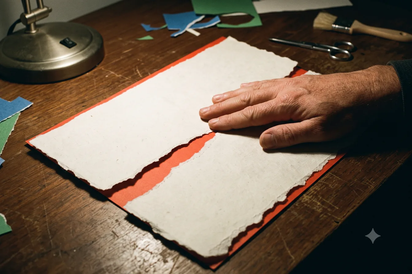 Hands laying a deckle-edged sheet over a red ground on a lamplit desk