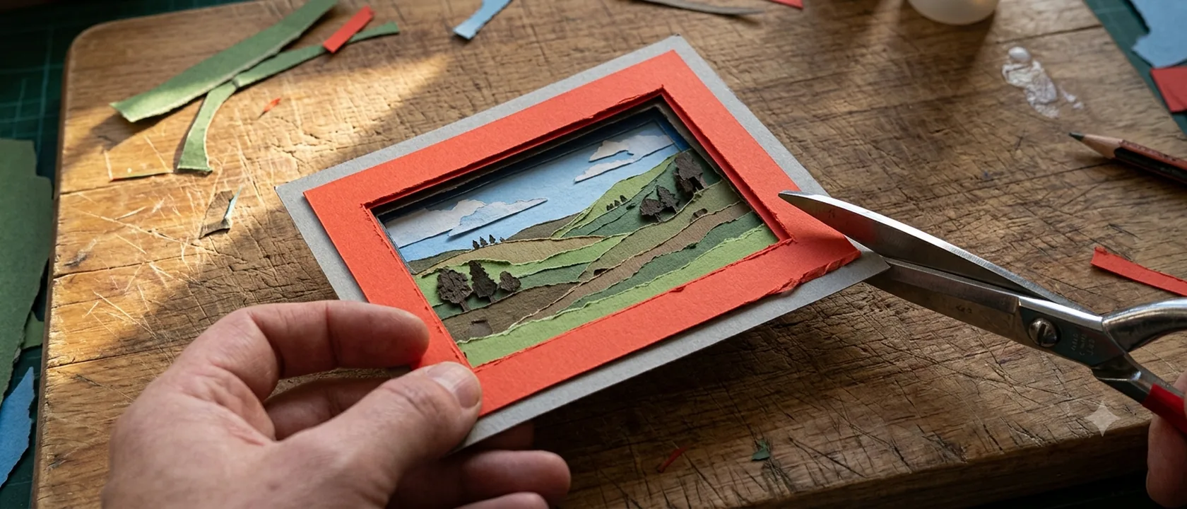 Hands trimming a mounted landscape print to a new frame on a cutting table