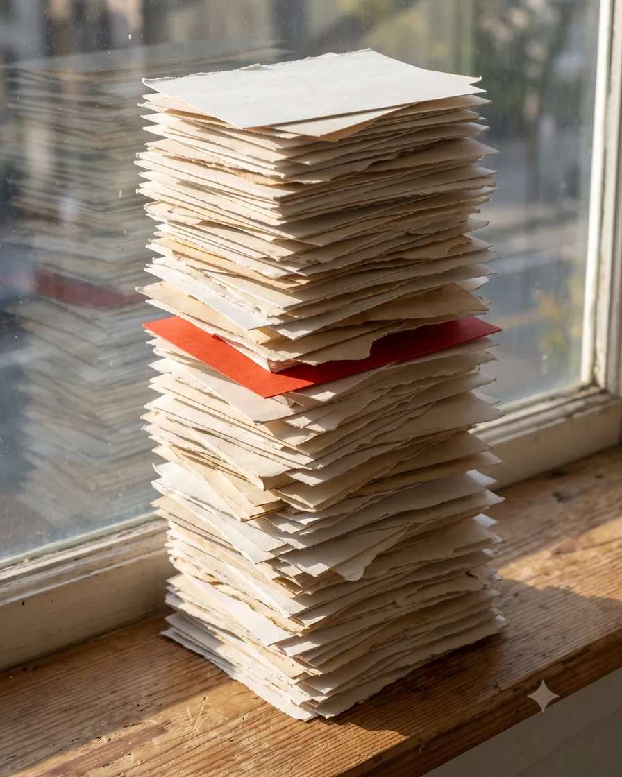 A tall stack of cut paper sheets on a sill, one red edge showing through
