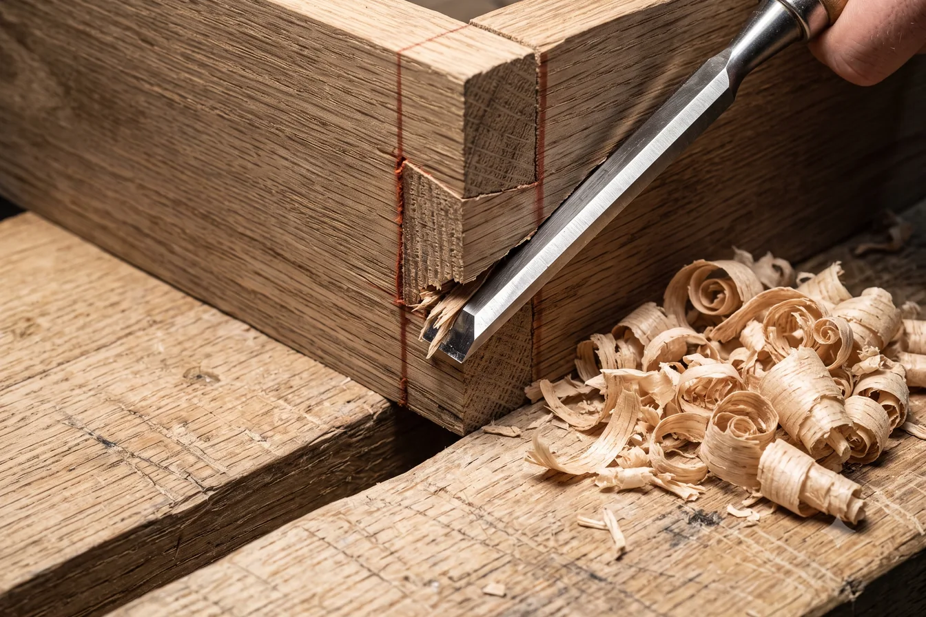 A chisel paring a mortise into an oak joint, shavings curled on the bench