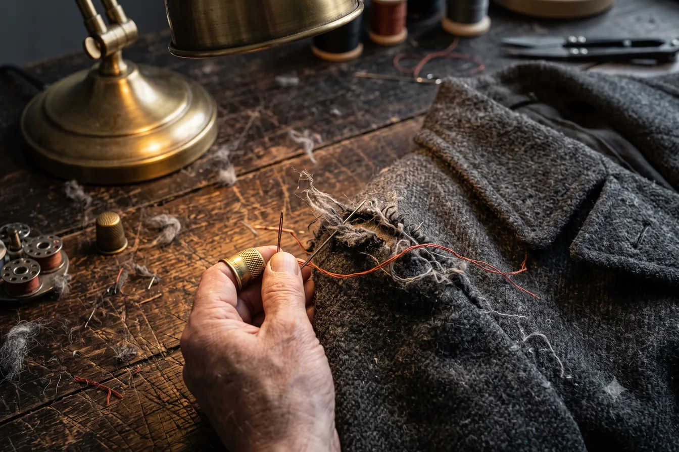 Hands darning a torn wool coat with red thread under a desk lamp