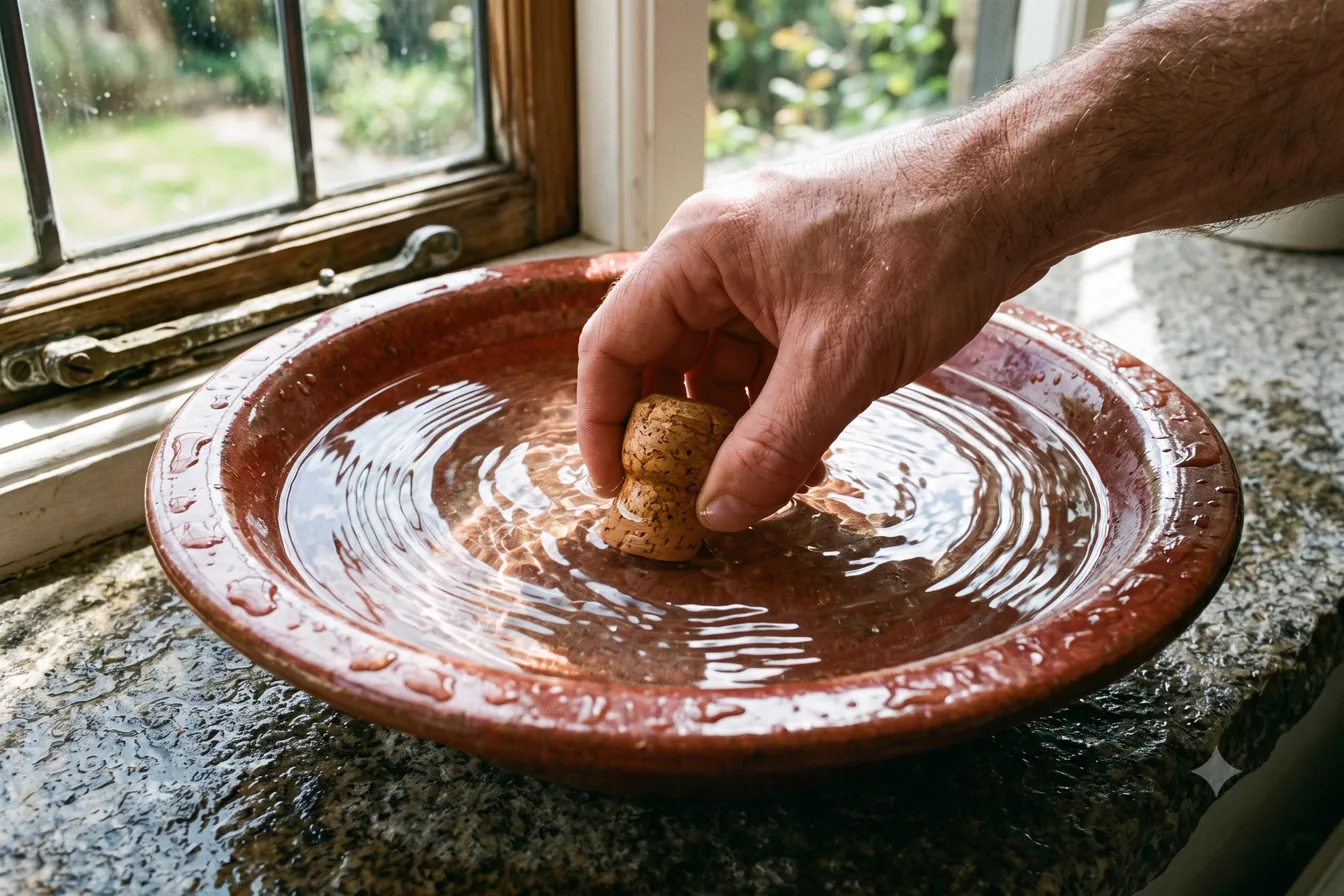 A hand lowering a cube into a shallow water bowl, rings spreading outward
