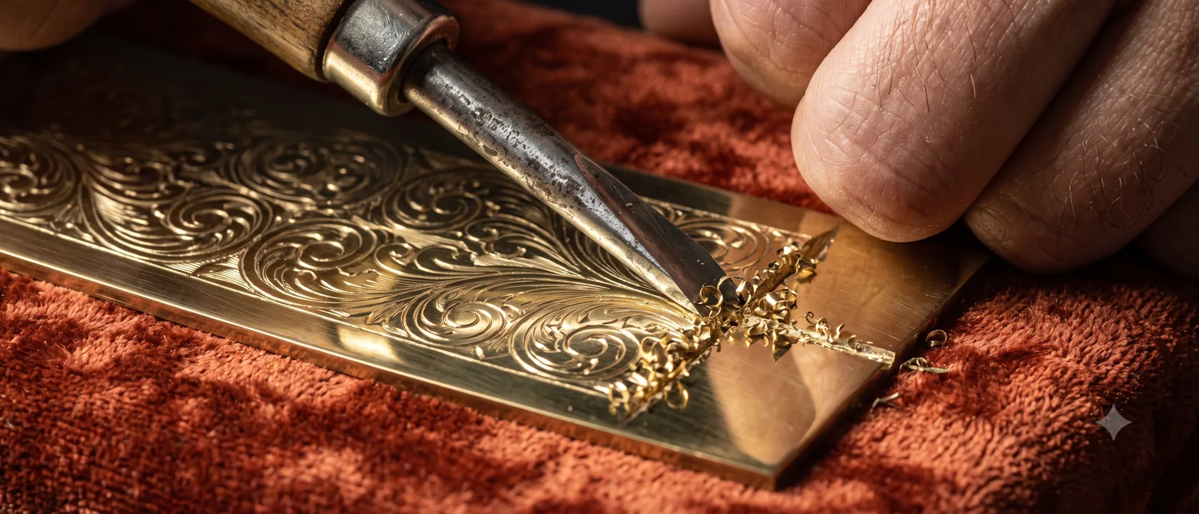 An engraver cutting a scrolled pattern into a brass plate on a red sandbag