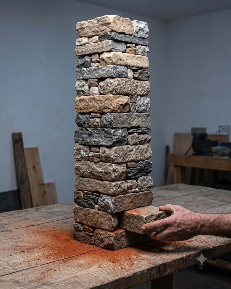 A dry-stone pillar being stacked course by course against a white wall