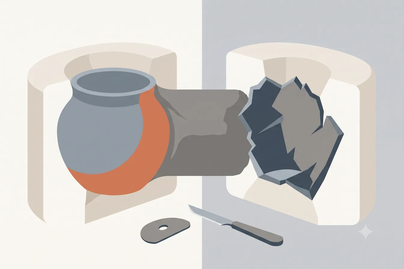 Two niches holding the same jar, one whole and one broken into pieces