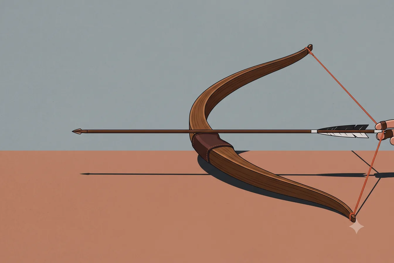 A bow at rest with its arrow, drawn and released across an open ground