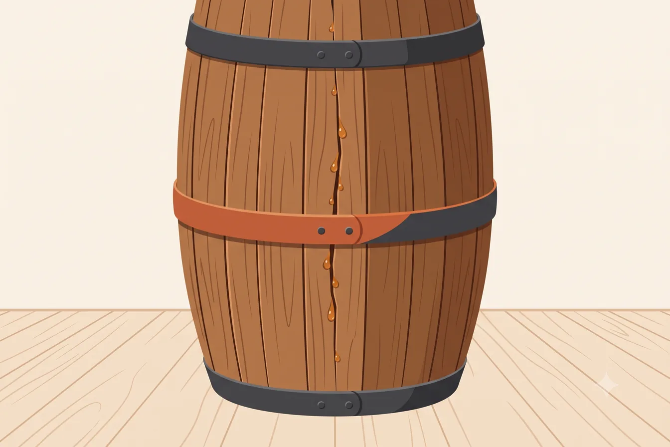 A barrel bound in iron bands, one band holding a split stave closed