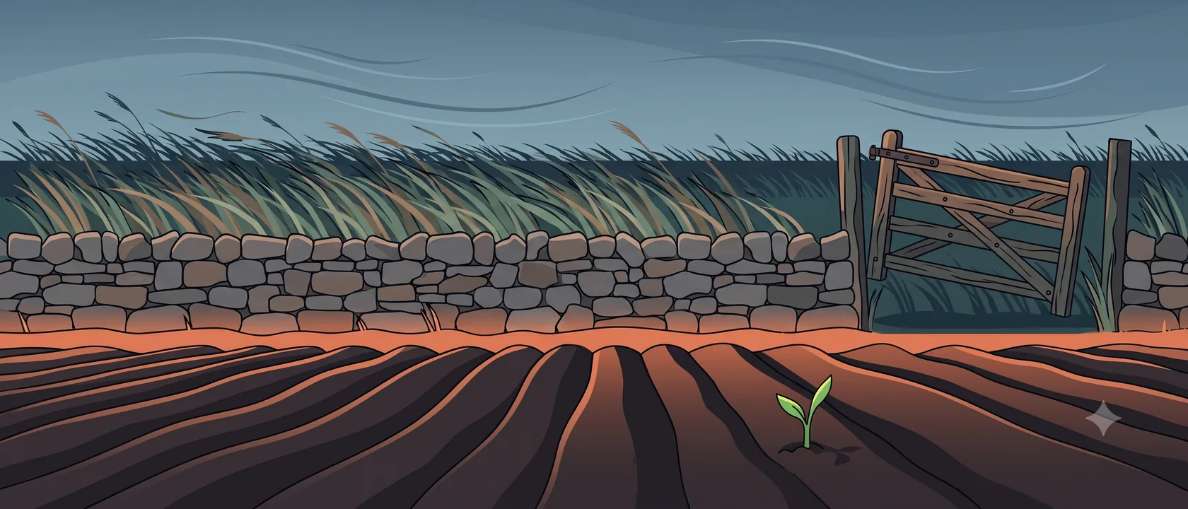 A drystone wall and gate along a ploughed field under moving grass, one seedling up