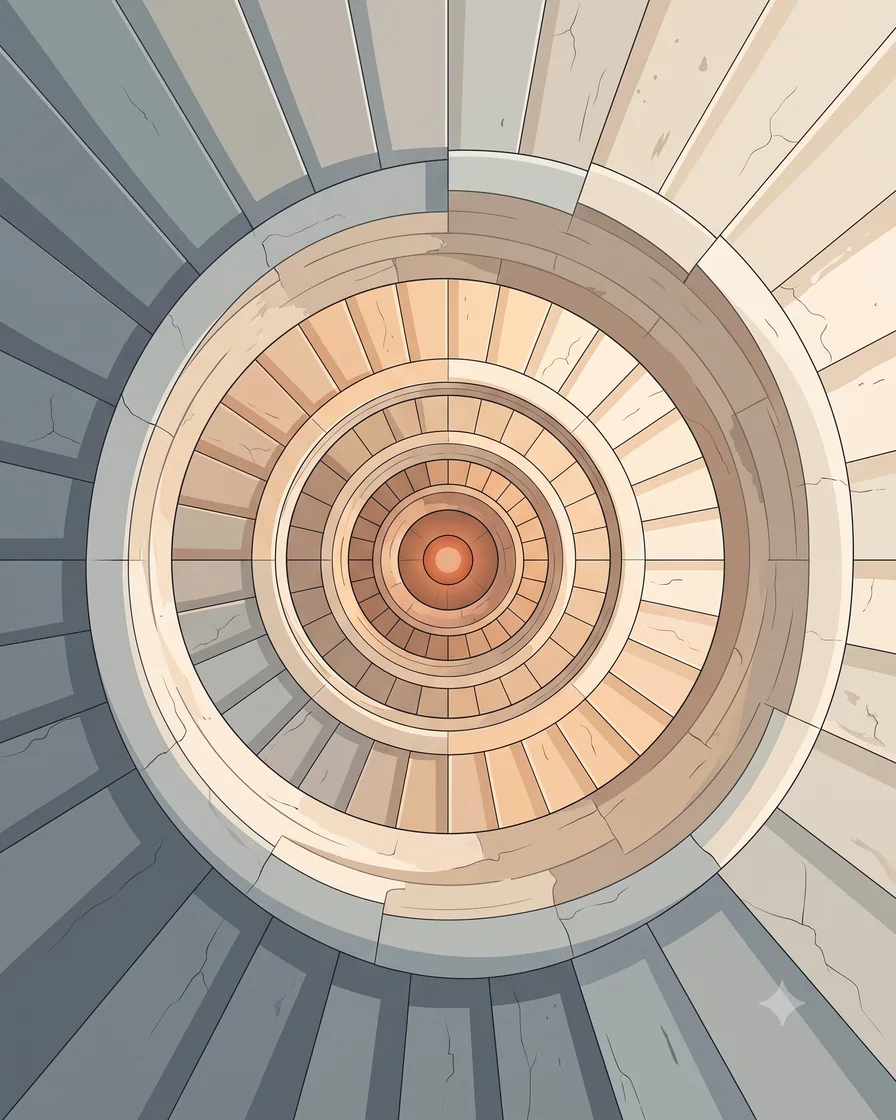 An oculus seen from directly below, light radiating out across the coffered dome