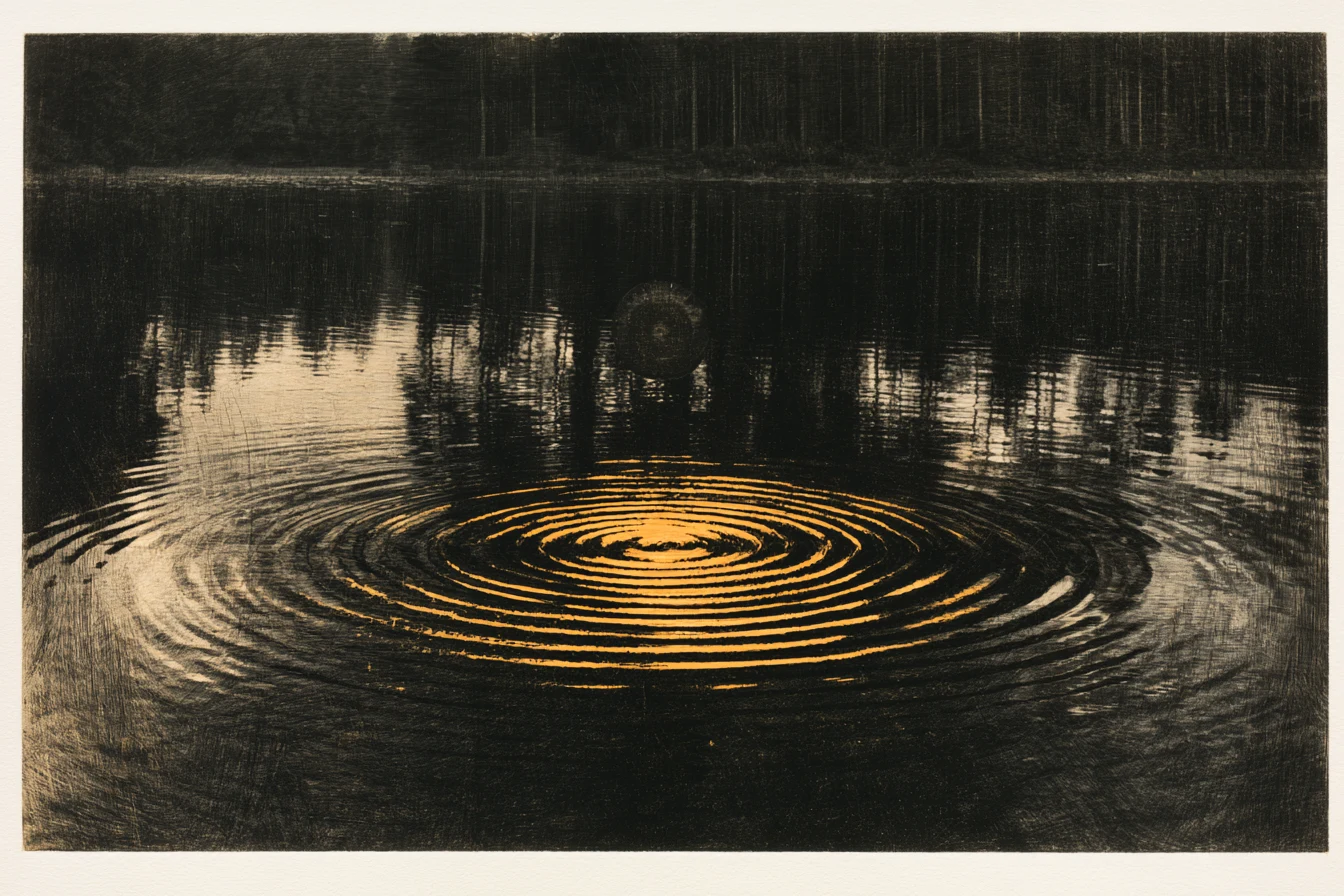 Golden concentric ripples spreading across a dark forest lake