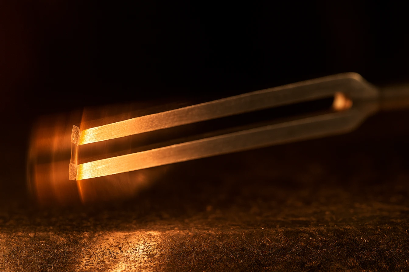 Struck tuning fork blurring with vibration in warm gold light