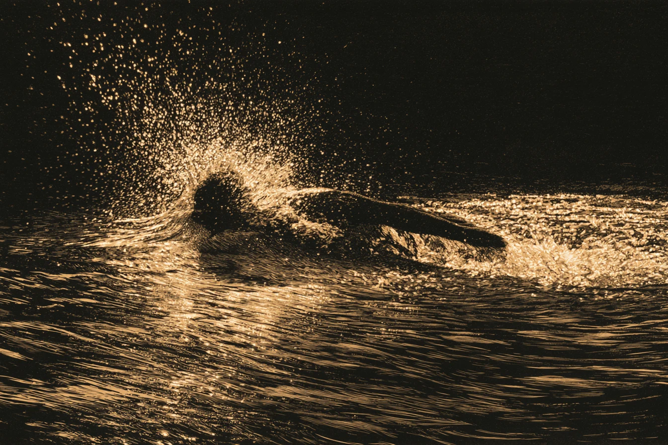 Swimmer bursting through dark water in a crown of golden spray