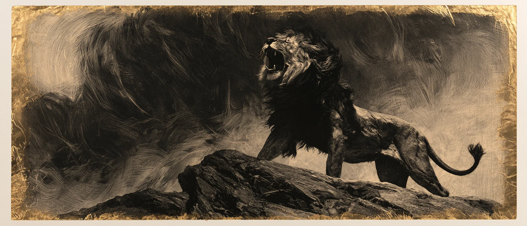 Etched lion roaring on a rocky outcrop inside a gold-leaf plate border