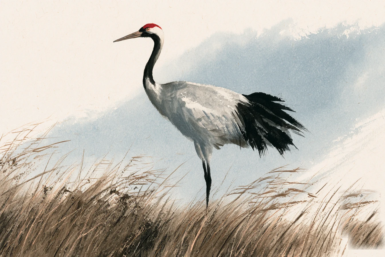 Ink-wash crane standing firm in wind-flattened grasses, red crown bright