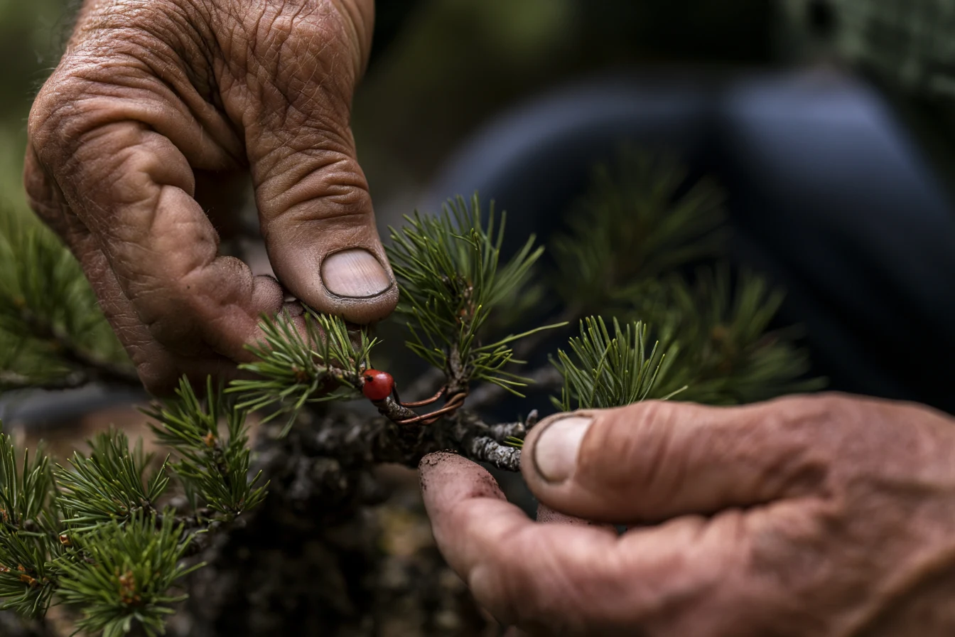 Weathered hands shaping a young pine branch, one red sap bead at the wire