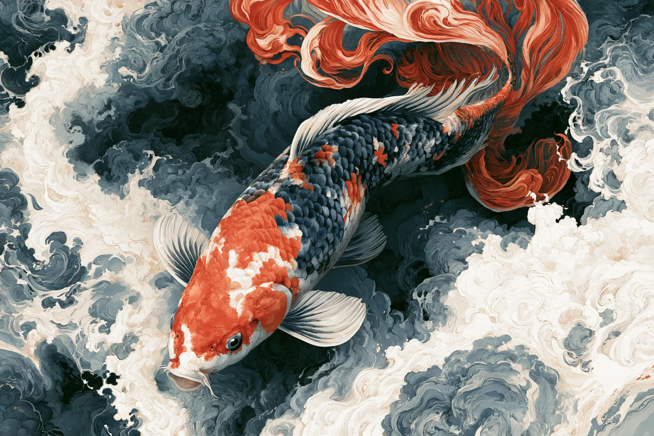 Koi surging up churning white water seen from above, orange fins trailing