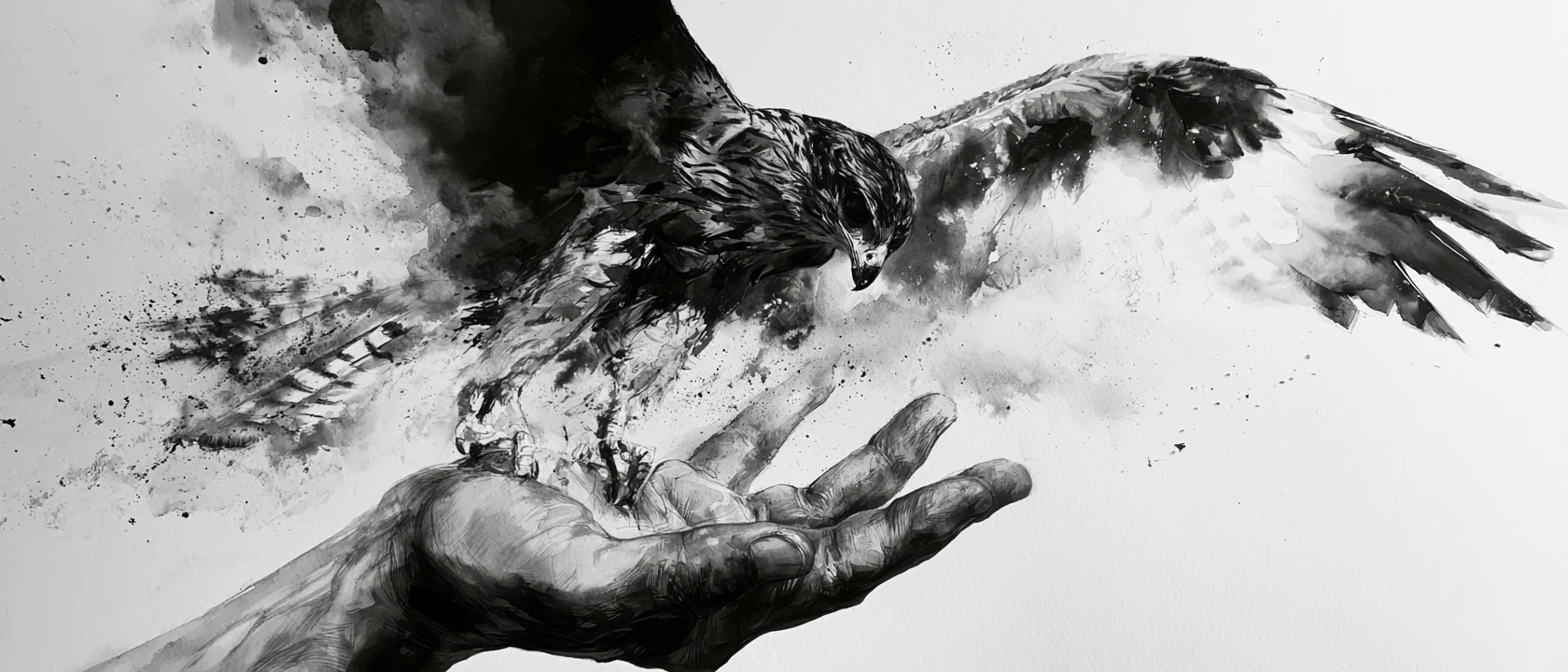 Ink-wash falcon bursting from an open hand in a spray of black ink
