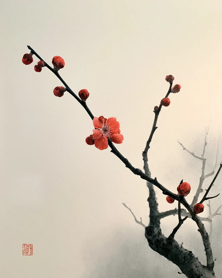 Plum branch with scarlet buds beginning to open against a pale wash