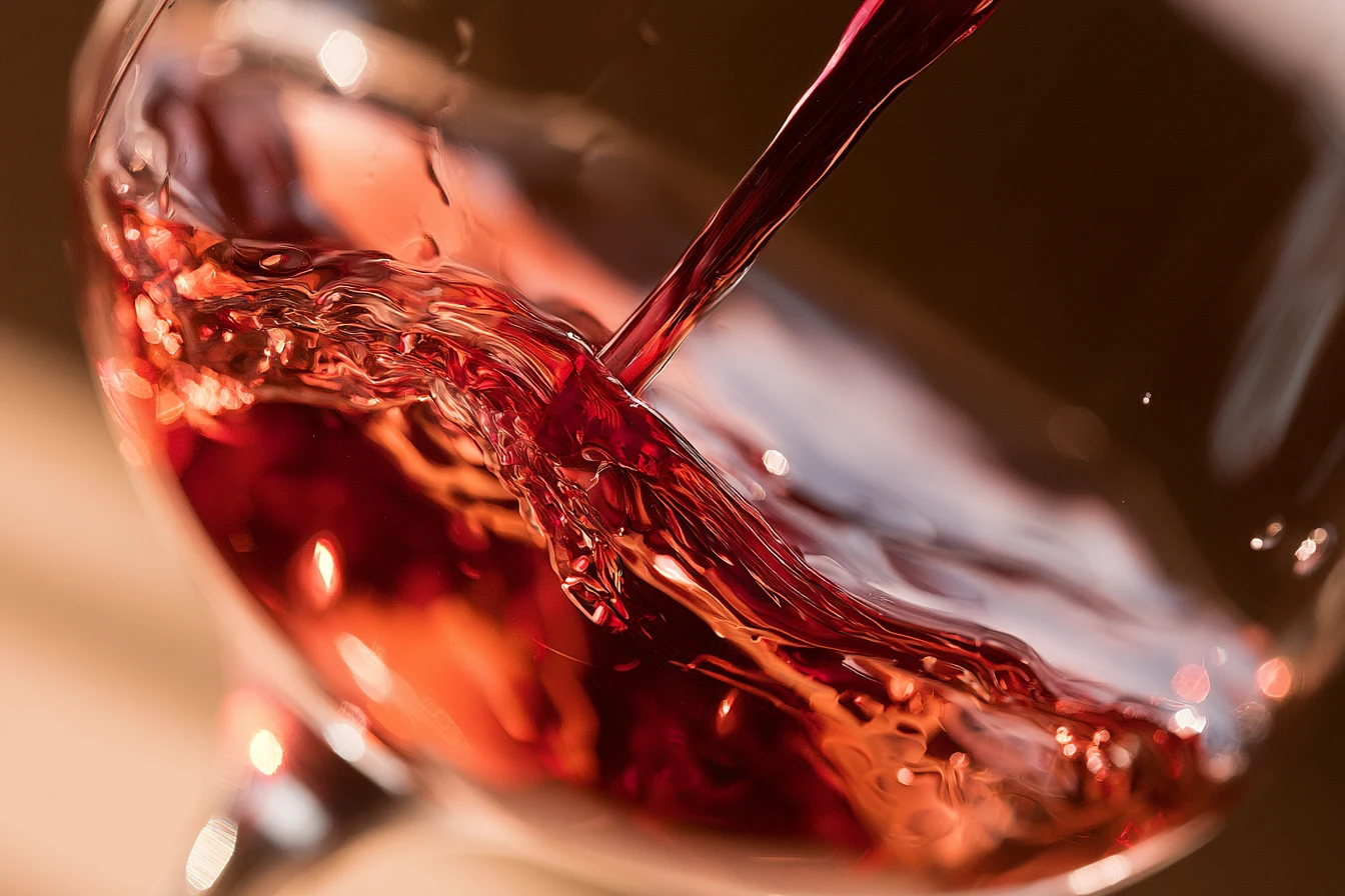 Macro of dark red wine swirling to the rim of a glass