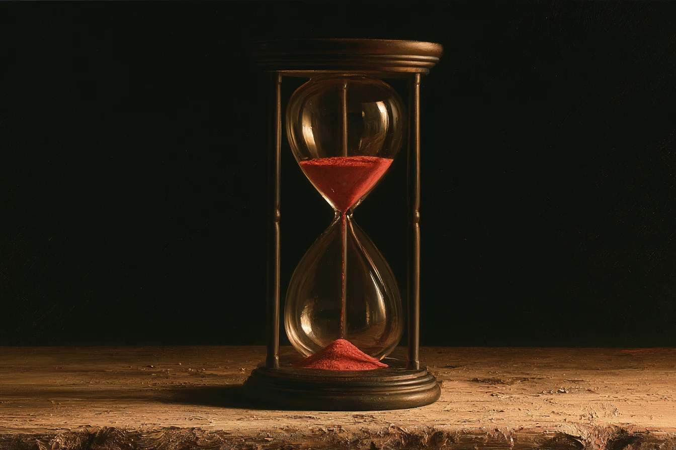 Oil-painted hourglass with crimson sand draining onto a wooden table