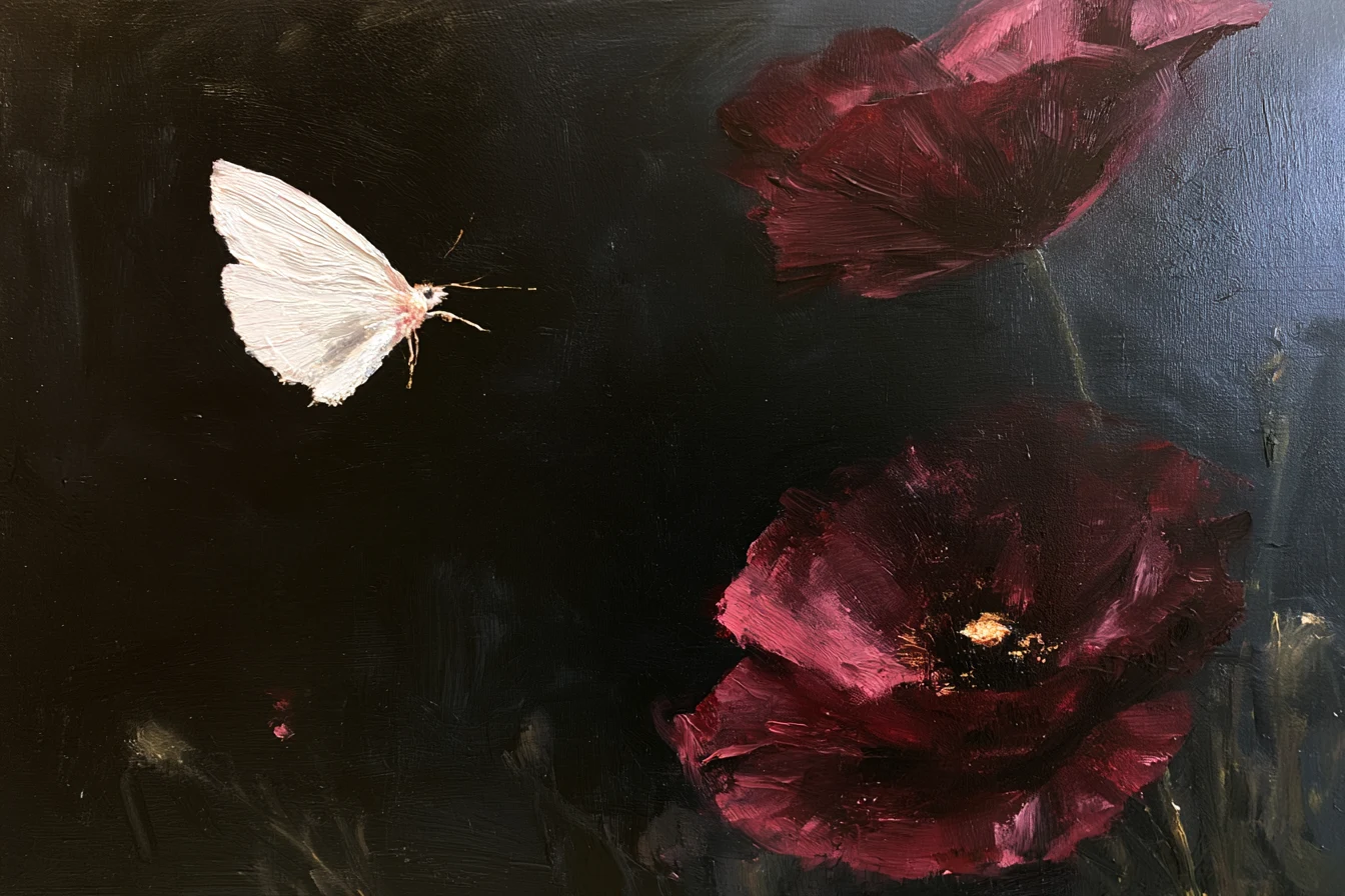 White moth flying through darkness toward two wine-red blooms