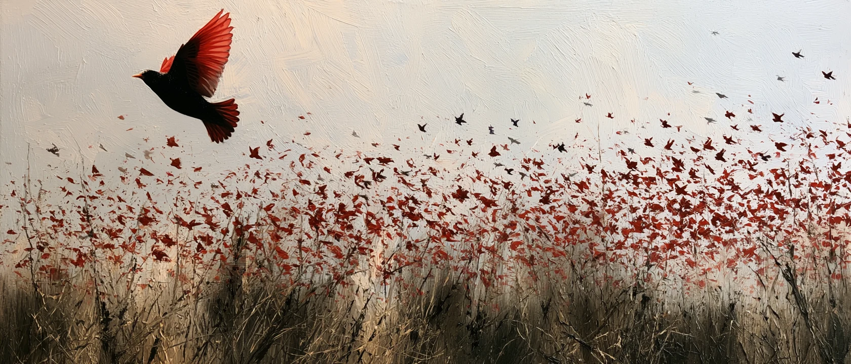 One red-winged starling banking away as a crimson flock rises from a field
