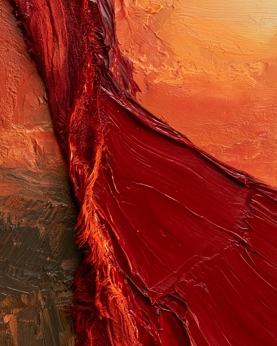 Thick rope of crimson oil paint fraying across an ochre impasto ground