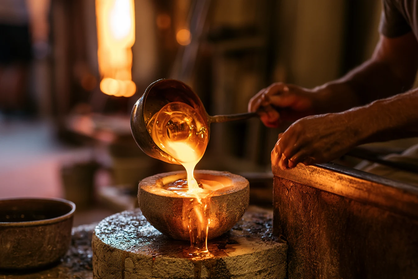 Molten orange glass pouring from a ladle into a round mold, hands guiding
