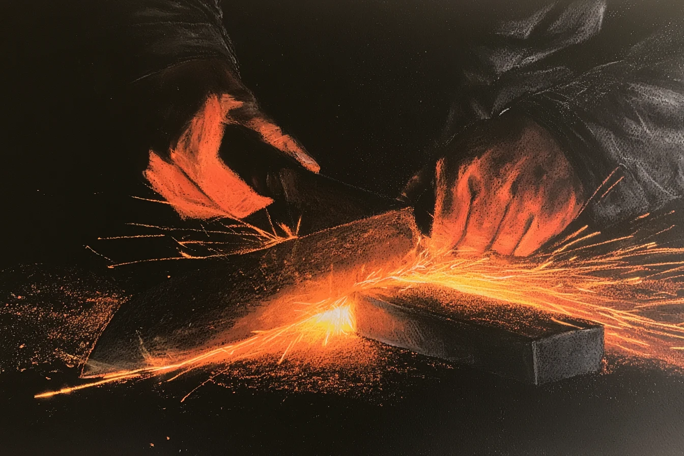 Hands honing a blade on a whetstone, orange sparks leaping in the dark